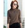 Herbst Reißverschluss Retro Gestreift Langarm Basic Shirt Schmale Passform Vielseitiges Lässiges Oberteil Damen Neues Modisches Oberteil