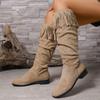 Fashion Cow Suede Square Heel Boots Autumn New Round Toe Sleeve Tassel Soft Sole Anti-slip Wear-resistant Mid-tube Boots