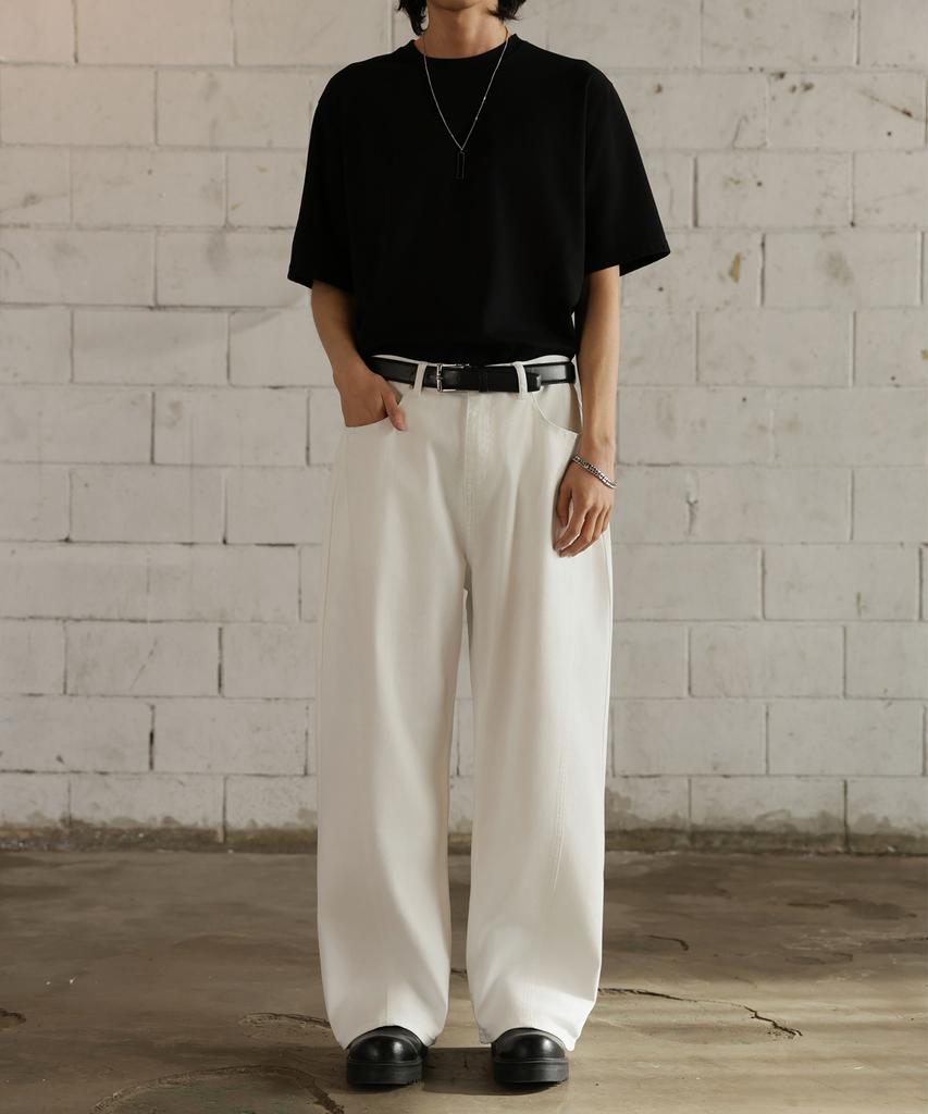 Jikeulib White Curved Cut-Line Wide Cotton Pants