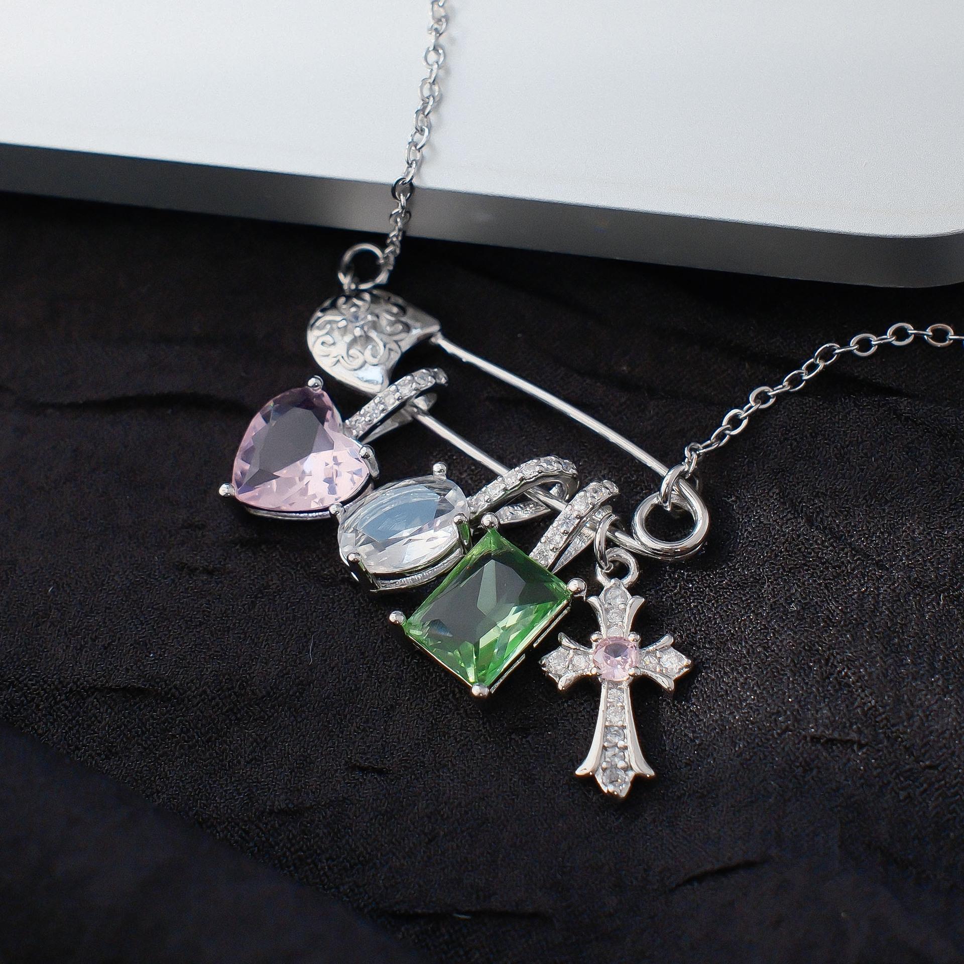 Sweet And Cool Wind Colored Zircon Paperclip Cross Necklace Niche Cold Wind Candy Color Love Pendant Collarbone Chain