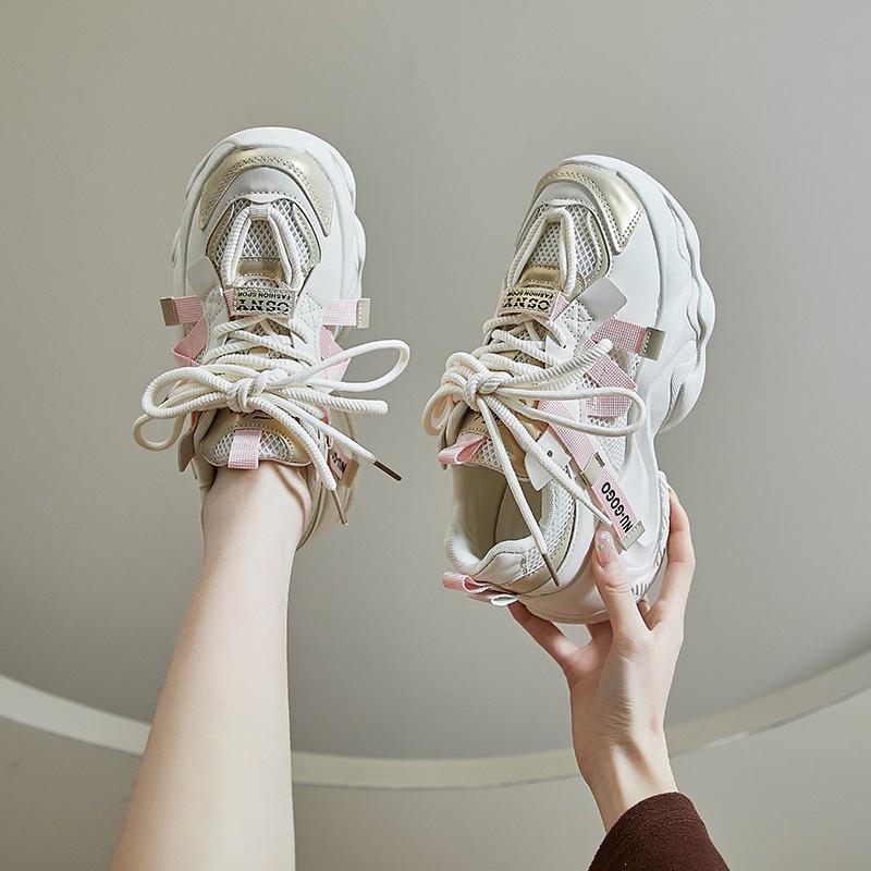 Fashion Women's Net Shoes Fall New Round Head Net Surface Breathable Before Lacing Thick Sole Increase Casual Sports Shoes