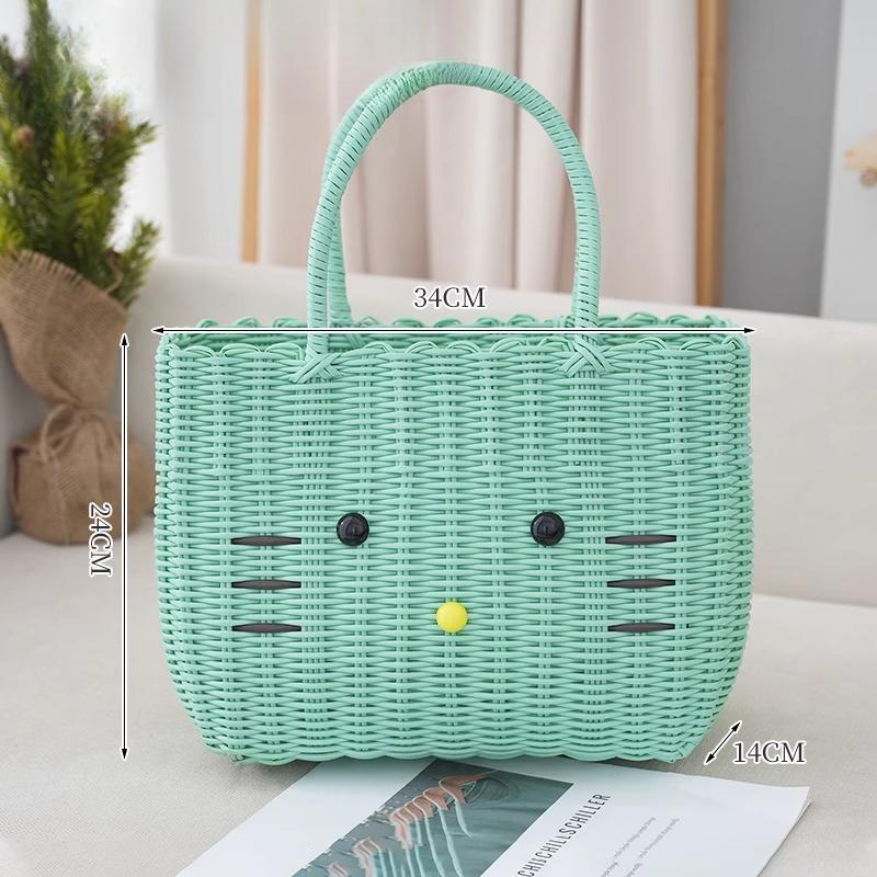 Cute Cat PVC Woven Bag Large Capacity Organizer Bath Shopping Basket Portable Baskets with Handles Beach Bag Vegetable Basket