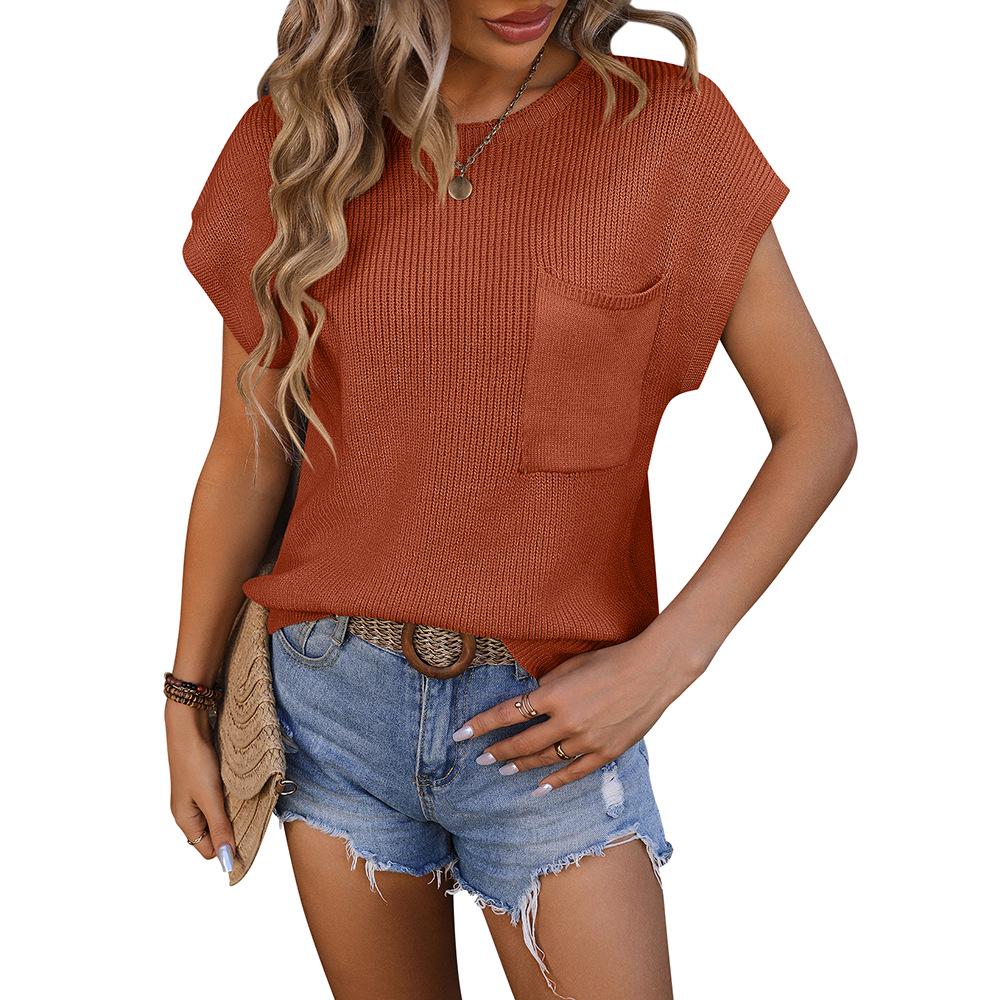 2024 European & American Women's Round Neck Pocket Short Sleeve Sweater