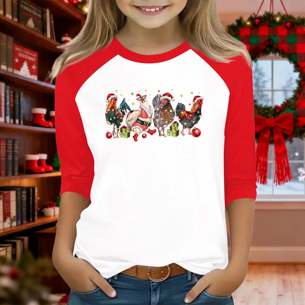 Tops For Youth Girls 4-16 Years Round Neck 3/4 Sleeves T-Shirts Trendy Tops Outfit Tees Christmas Day