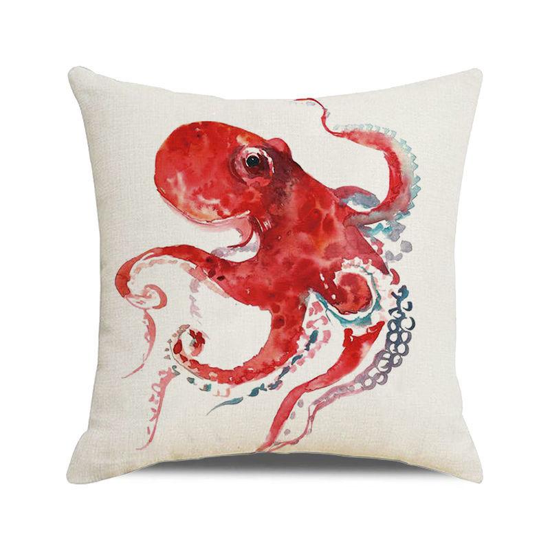 Watercolor Illustration of Octopus Squid Digital Printing Short Plush Pillow Covers for Car Sofa Office Cushion Cover Home Goods