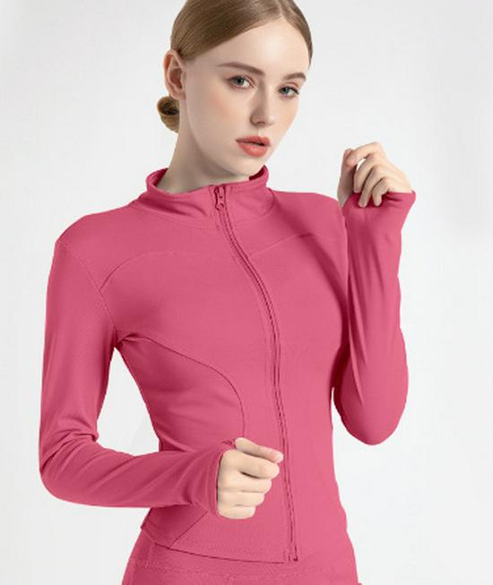 Pfirsichfarbene Fitnessjacke: Schnelltrocknendes Langarm-Sportoberteil mit Reißverschluss und Stehkragen für Yoga im Frühling und Herbst