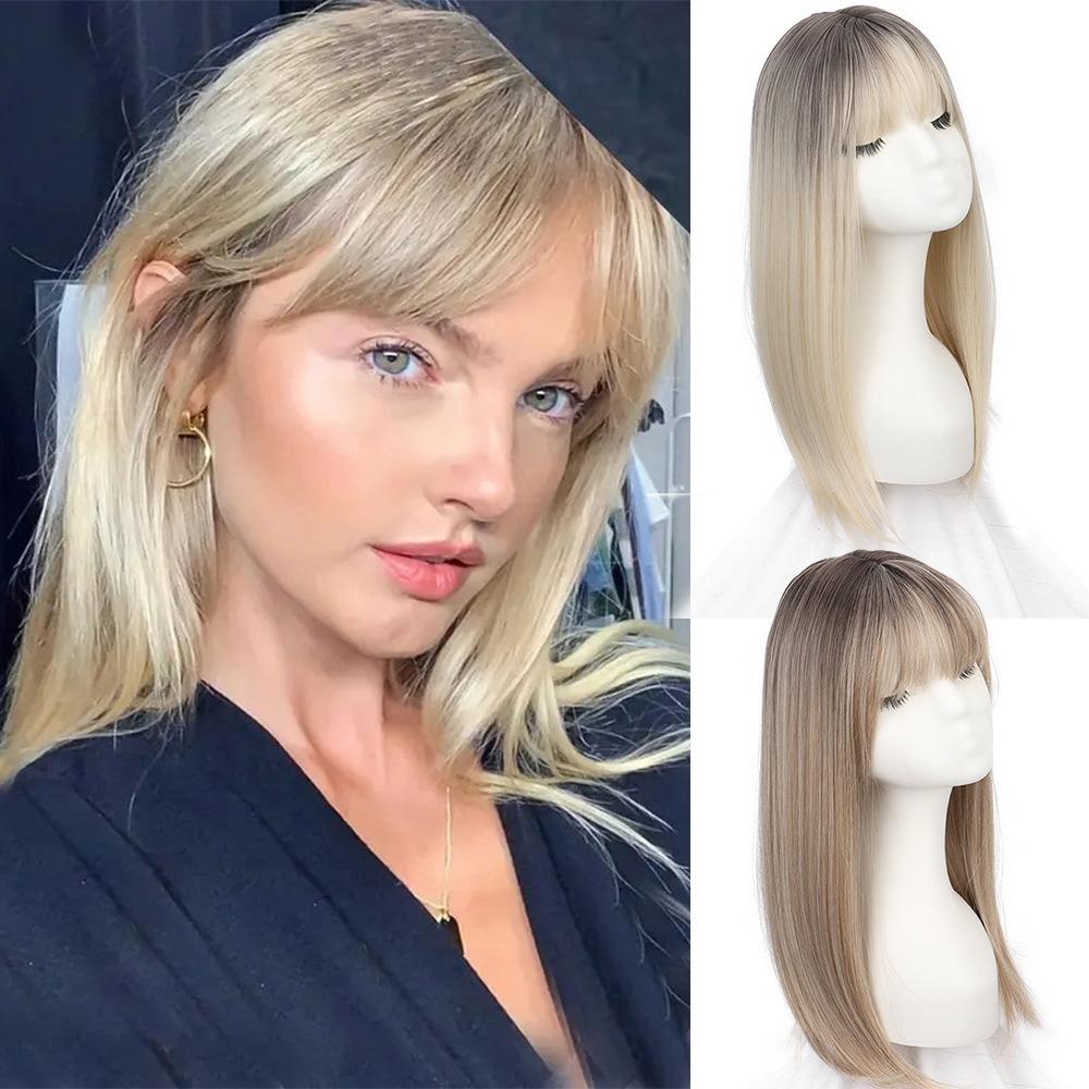Ombre Blonde Long Straight Hair Toppers Synthetic Fringe Hair Pieces Cover White Hair & Hairline