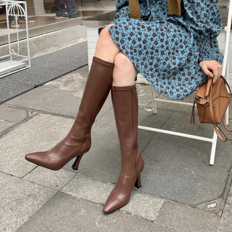 ins niche design! Show long legs! Korean square head high elastic boots, super high heel but knee thin boots