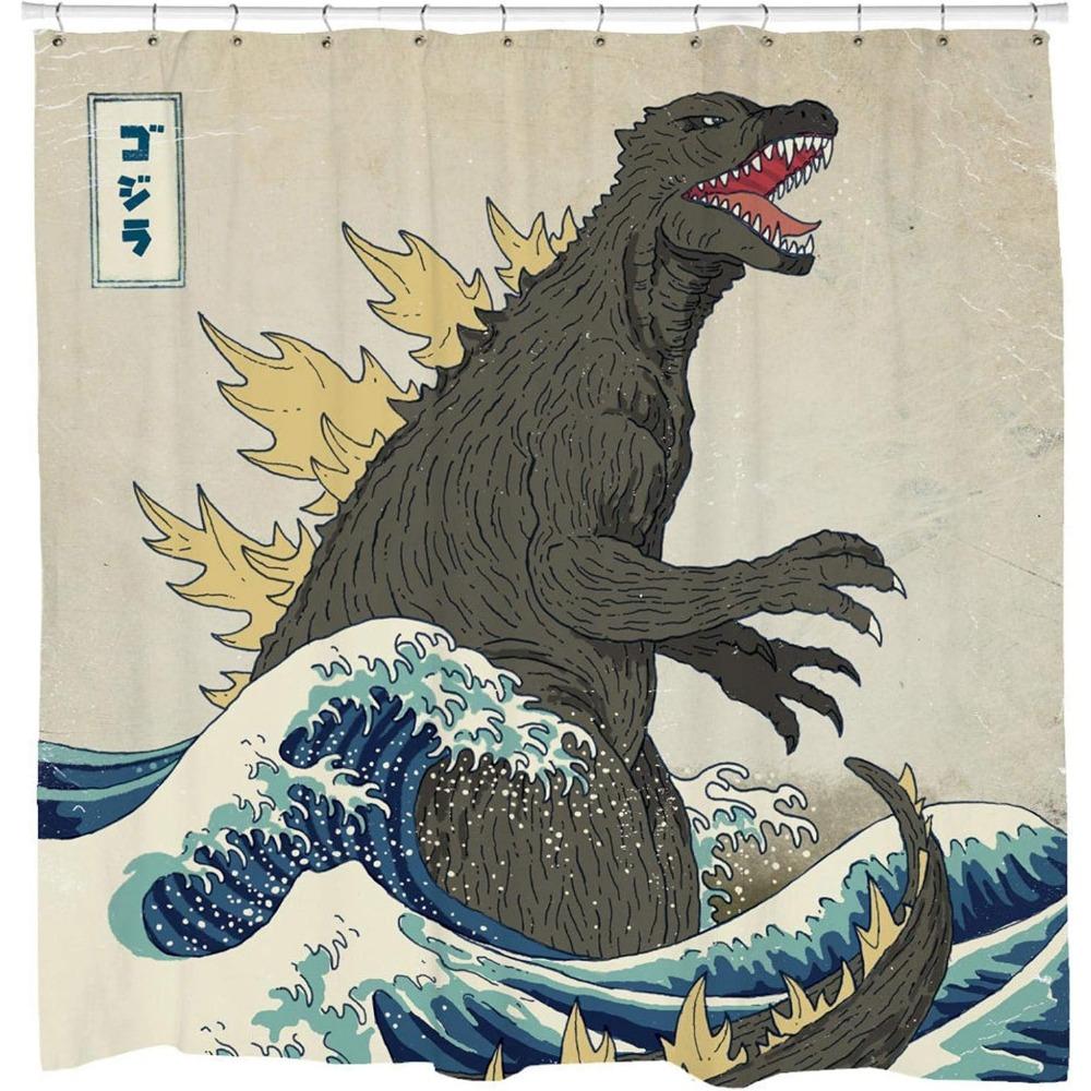 

Набор шторки для душа «Годзилла» с дизайном «Японская волна» – Крутые, необычные шторки для душа в ванную, крючки в комплекте, прочная ткань W180XH200cm