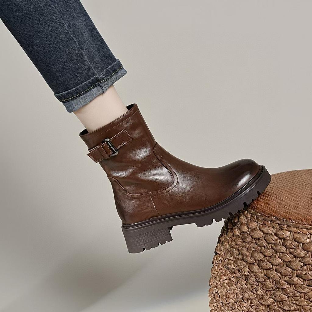 Medium Boots Women's Autumn and Winter Simple Handsome Personality Martin Boots Flat Cowhide Straight Boots Women's Leather Boots
