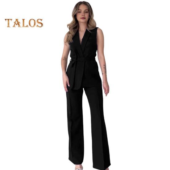 2 Teile/satz Frauen Mantel Hosen Set V-ausschnitt Schnürung Schlanke Taille Mittlere Länge Strickjacke Ärmellose Jacke Breites Bein Hohe Taille Gerade Hose Dame Formale