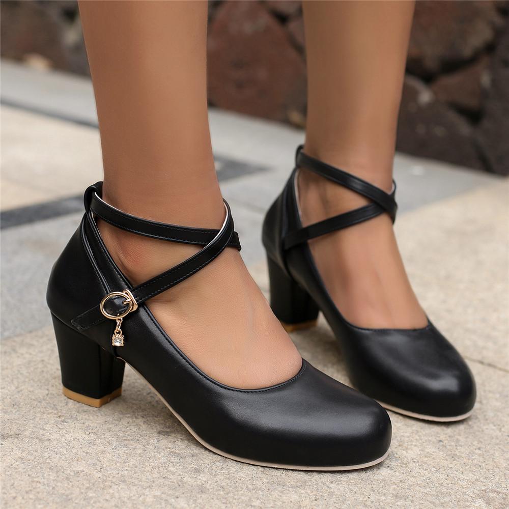 Fashion Women's Medium White Heels Spring Cross Ankle Strap Mary Janes Shoes Black Heeled Office Wedding Dance Shoes Dress Pumps Elegant