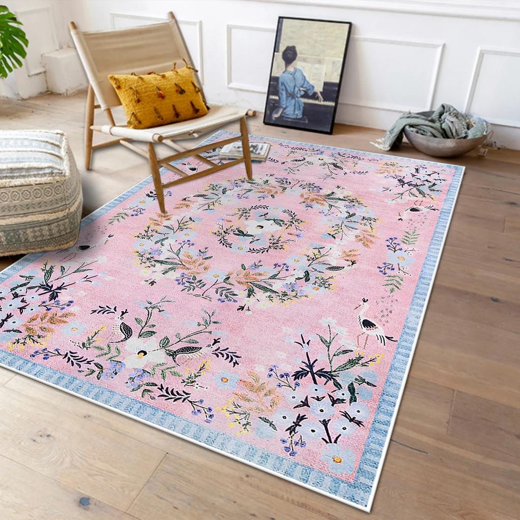 French Vintage Floral Pattern Carpet Light Luxury Rugs for Bedroom Home Non-slip Floor Mat Large Area Living Room Washable Rug