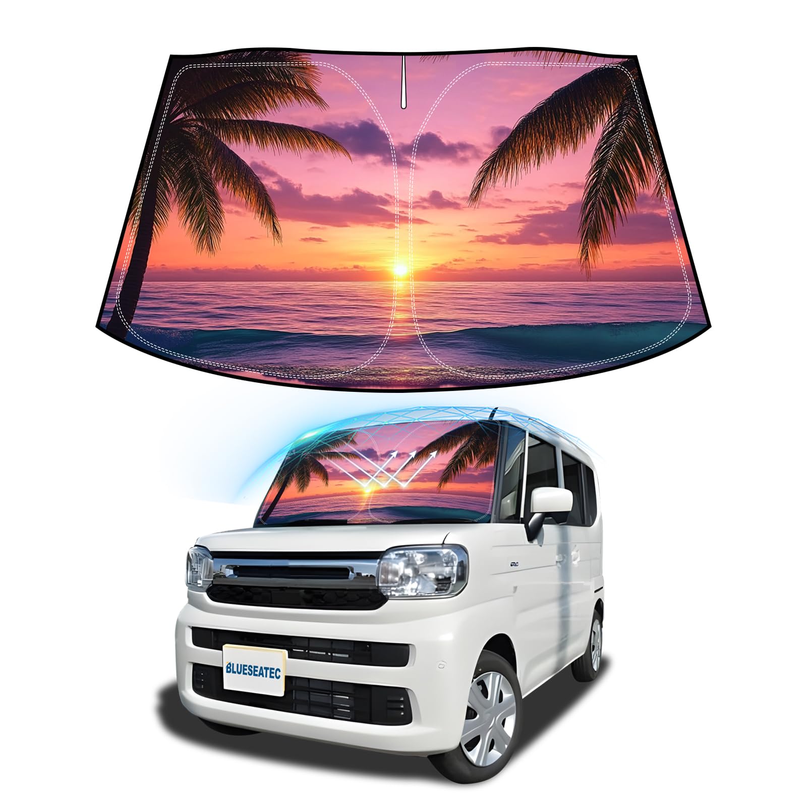 

BLUESEATEC Windshield Sunshade for Suzuki Spacia MK04 MK03 and Wagon R Smile UV No Suction Cups Light Summer UV Easy Installation and Includes Storage