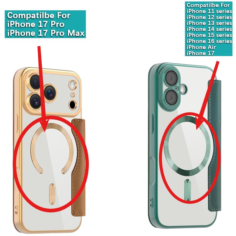 For iPhone 11 12 13 14 15 16 17 Pro Max Plus Air 16E Flip leather electroplated soft shell magnetic wireless charging phone case