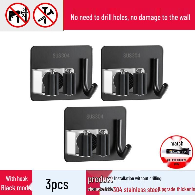 Punch-Free 304 Stainless Steel Mop & Broom Holder - Bathroom Hook & Clip