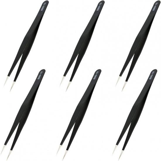 Aoje-Link ESD-13 Professional Anti-Static Technology Tweezers, Non-magnetic Flat and Round, Stainless Steel Plastic Coated, Full Length 120mm, Black,