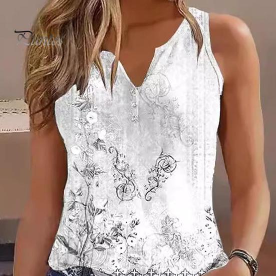 Women Summer Vest V-Neck Sleeveless Floral Print Tank Tops Buttons Neckline Loose Fit Casual Camisole Streetwear