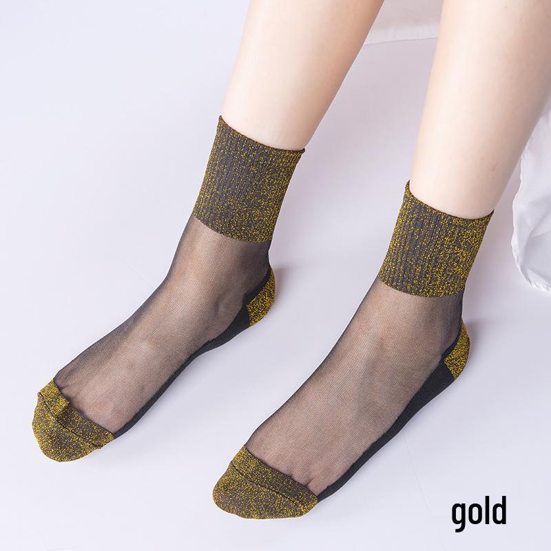 Women's Crystal Silk Stockings: Sexy Japanese Style, Non-slip Korean Design, Transparent Gold & Silver Thread, Mid-calf Socks