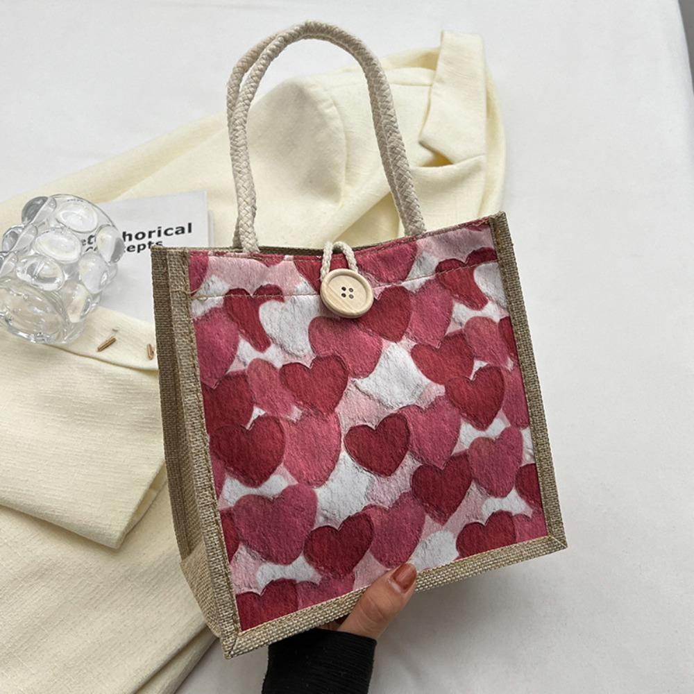 Zipper Flower Linen Bag Button Linen Handbag Kawaii Love Heart Tote Bag  Picnic