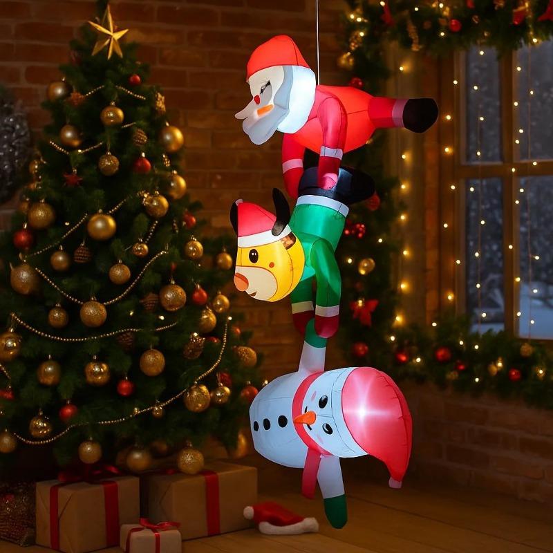 Christmas Inflatable Stacked Santa Reindeer Snowman with LED Lights, 2.4M Hanging Xmas Blow Up Decor for Yard Garden Holiday Party