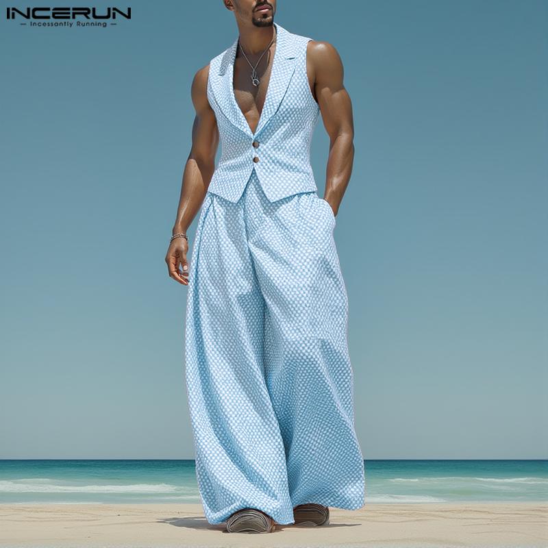 INCERUN Men Outfits Polka Dots Print Sleeveless Tops Long Pants Casual Sets