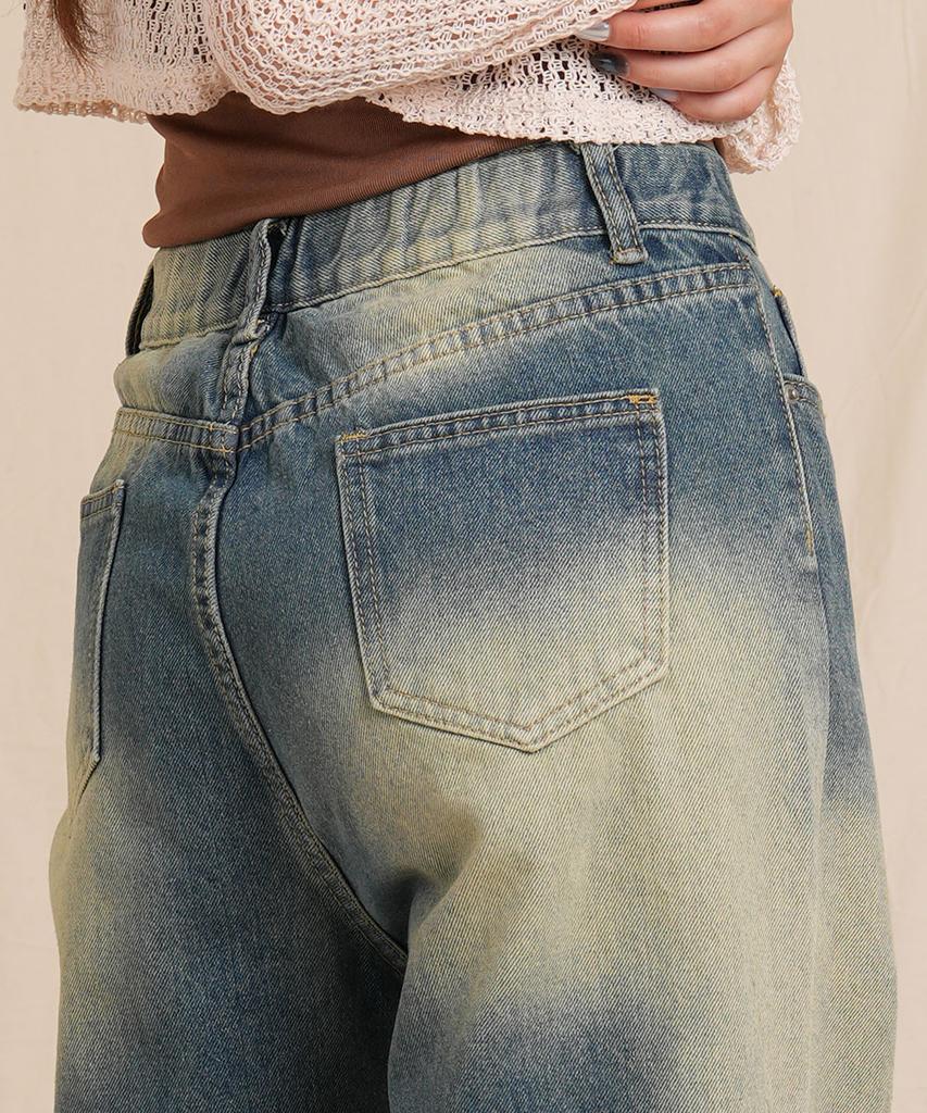 Ellamo 51_2 Women'S Vintage Washed Wide Half-Elastic Denim Pants (Short/Standard/Long)_Vintage Yellow