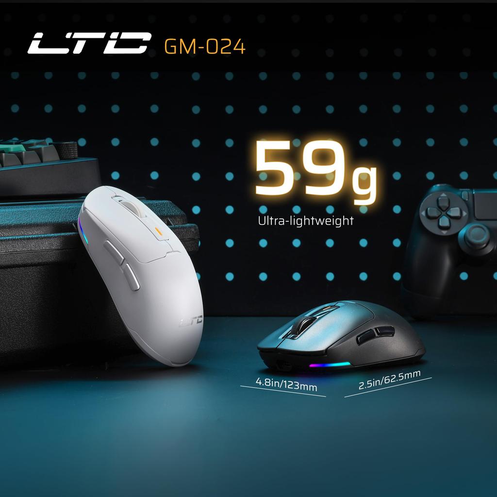 LTC GM024 Tri-Mode Wireless Gaming Mouse, 59g Ultra-Lightweight Ergonomic Gaming Mouse, 2.4GHzBTWired, 6-Level DPI 4800, 1000Hz, 5 Programmable