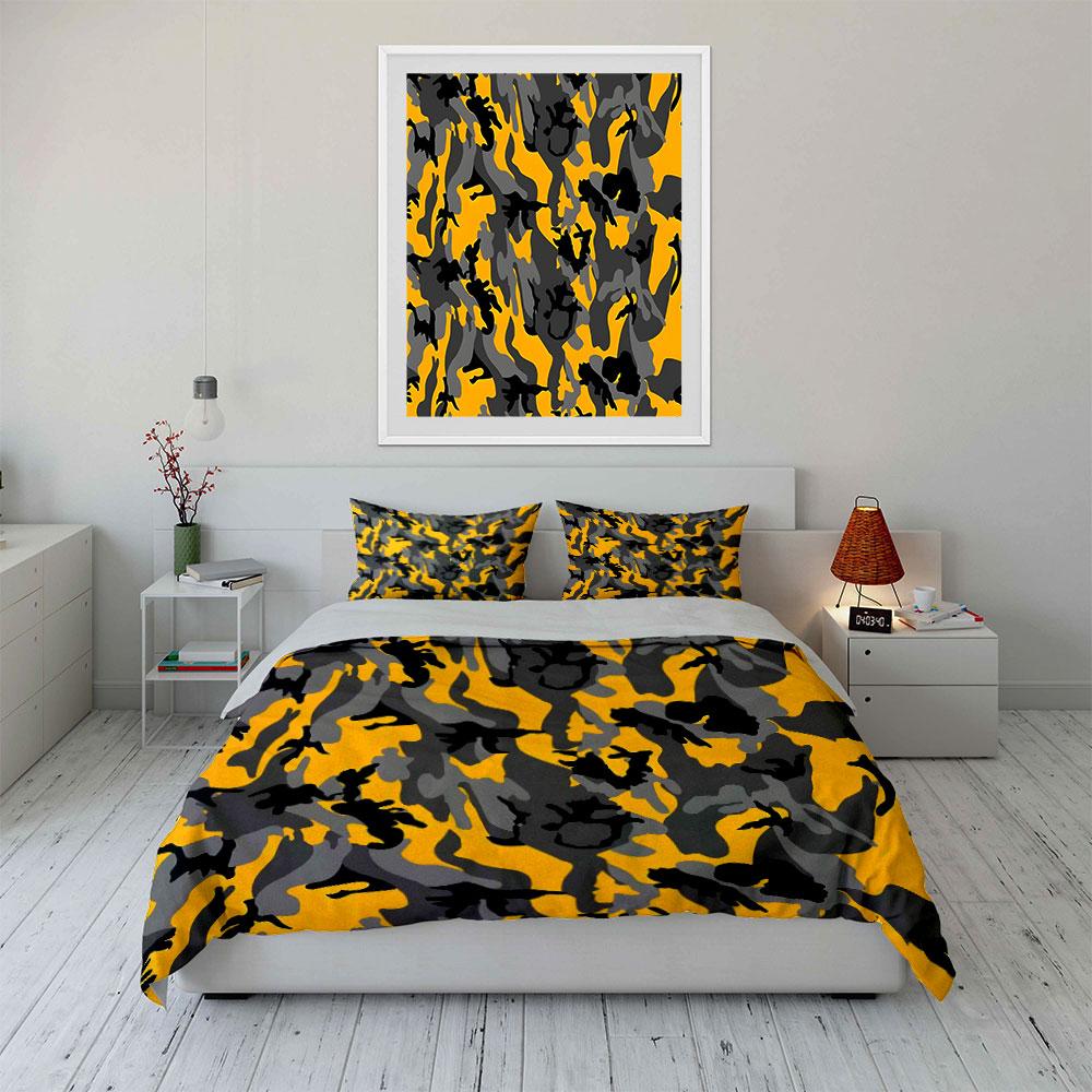 Gelb-Grau Camouflage Muster Bettwäsche Bettbezug Set  (1*Bettbezug 2*Kissenbezüge, ohne Bettdecke)