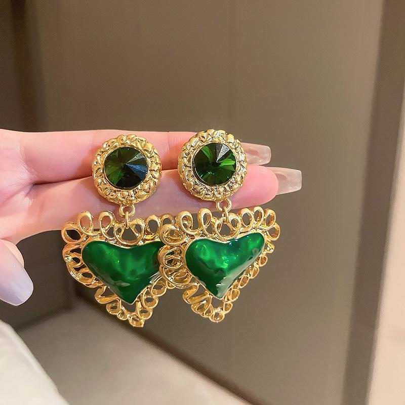 Advanced Temperament Elegant Rhinestones Eearrings for Women's Jewelry Accessories Gifts Silver Needle Medieval Green lGeometric Square Design Arrings