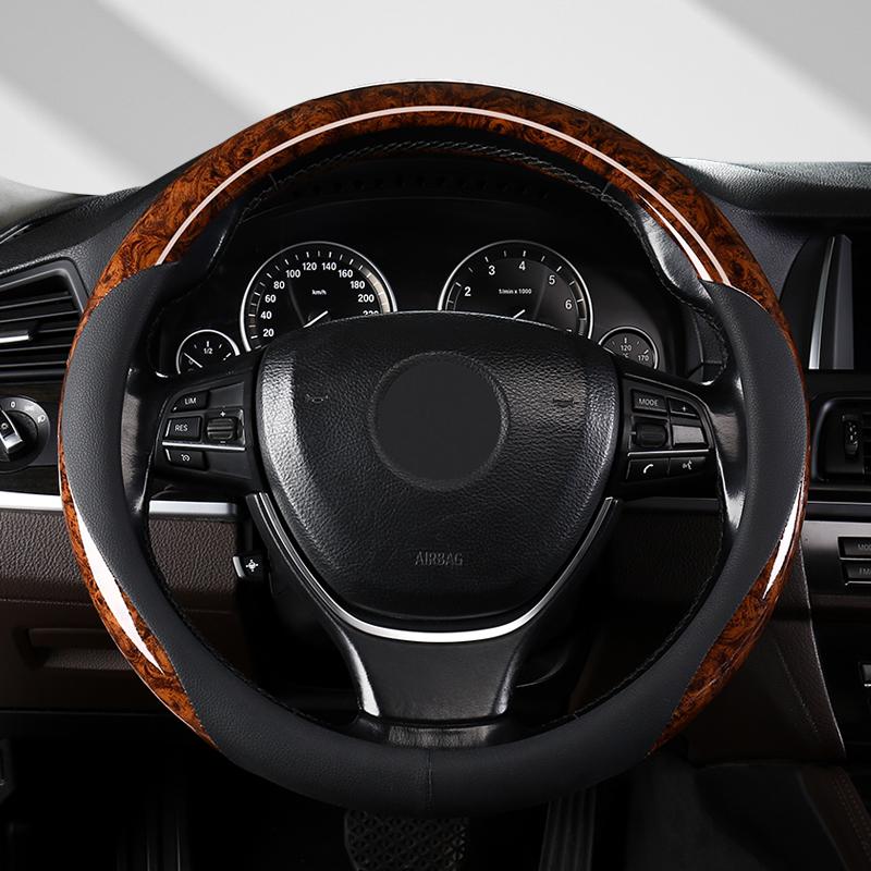 Wood Grain Microfiber Leather Steering Wheel Cover, Universal Fit for 14 .5-15 Inch Durable Leather Cover Anti-Slip Veins Design