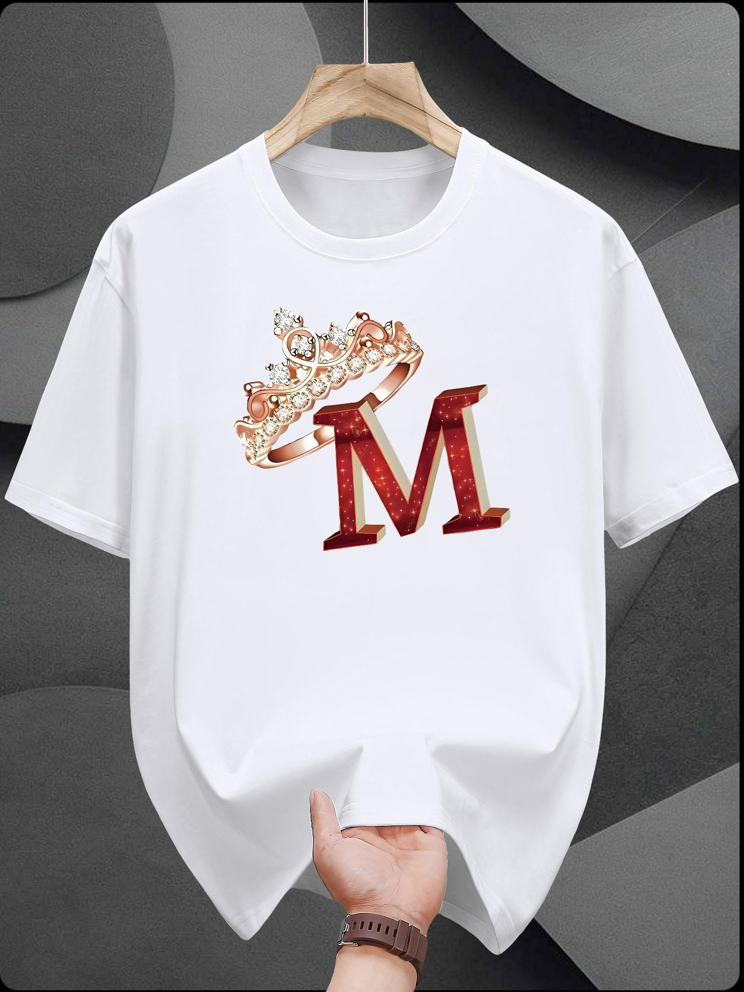 

Casual Short Sleeve T-shirt with Crown & Letter M Print - Summer Round Neck Tee XL