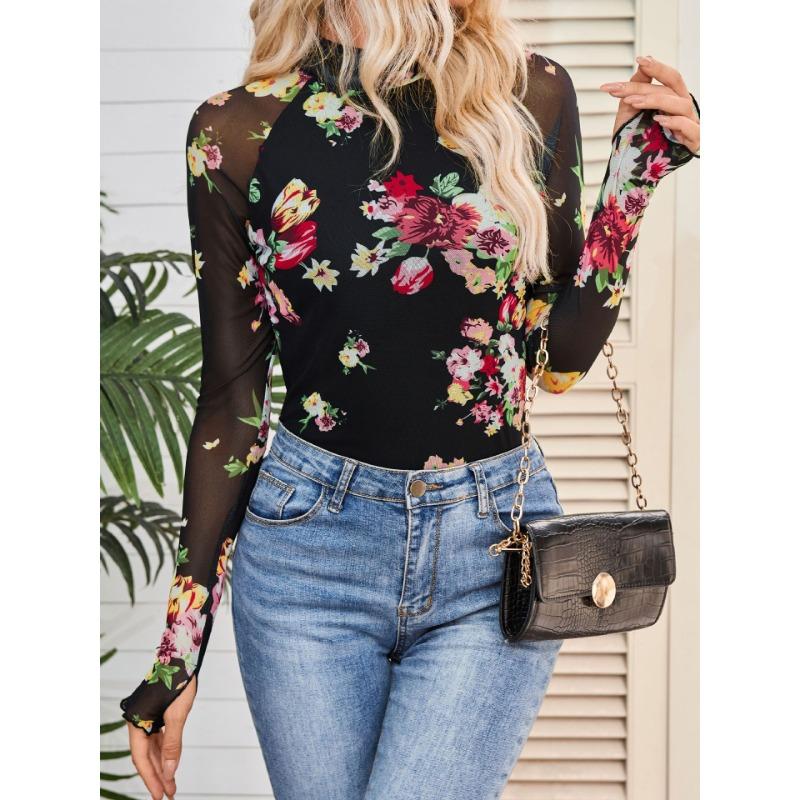 Spring and Autumn Fashion Pullover High Neck Long Sleeve Lace Floral Mesh Base Shirt Women