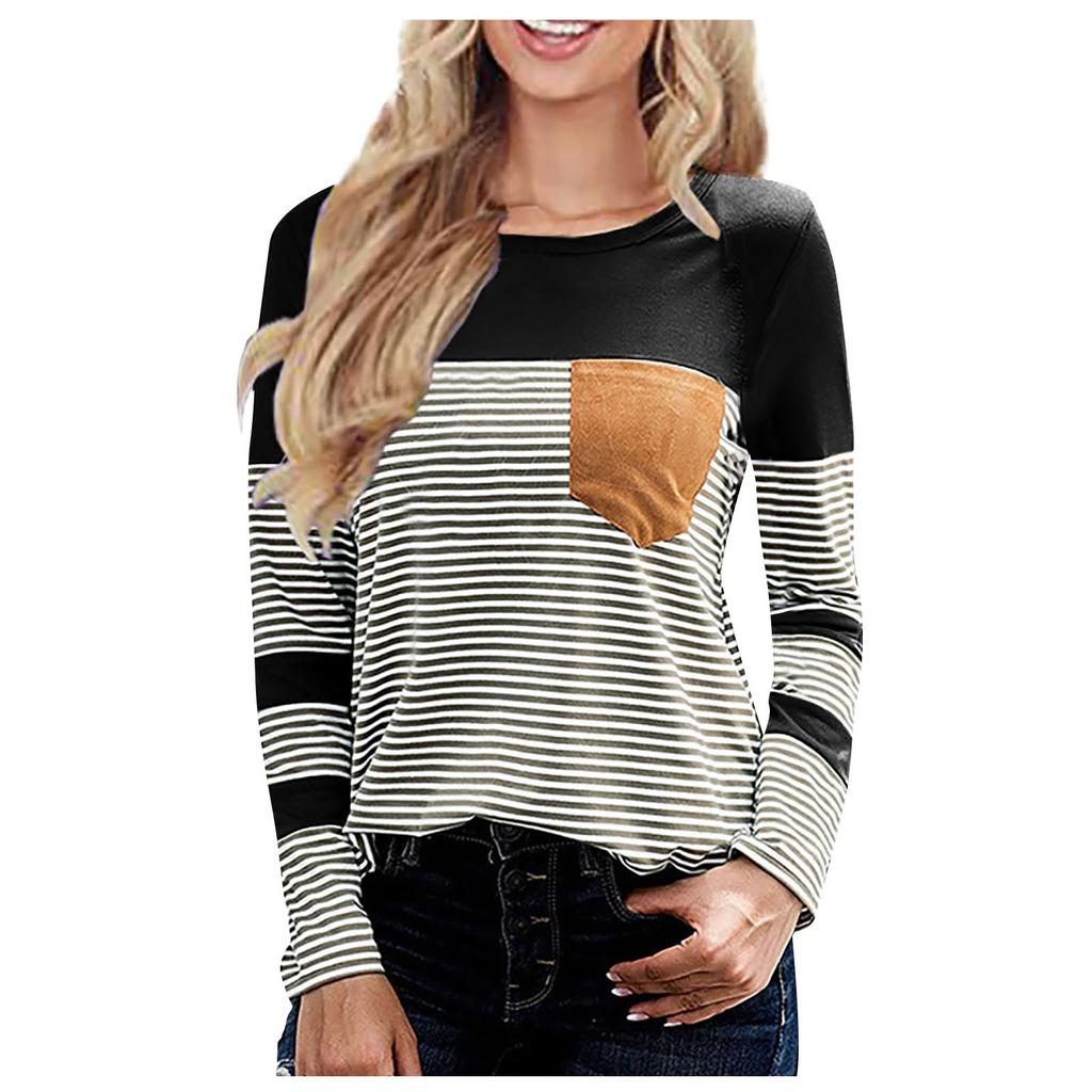 Women's Casual Round Neck Loose Collision Stripes Splicing Long-Sleeved Tops