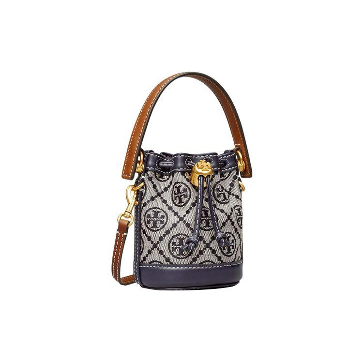 Tory Burch T Monogram Double T Logo Jacquard Detachable Shoulder Strap Tote Bag Shopping Bag Crossbody Handbag Mini Women Tote Navy-Blue 146866-405