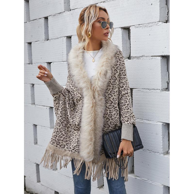 Abrigo Chal de Punto de Lana con Cuello de Piel de Leopardo para Mujer