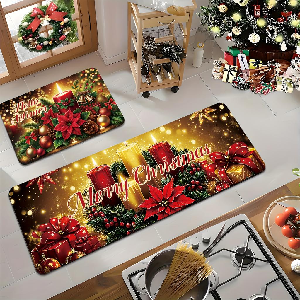 2Pcs Anti Fatigue Kitchen Rugs Merry Christmas Ball Waterproof Non-Slip Thick Cushioned Kitchen Mat Heavy Duty Comfort Standing Mat for Kitchen