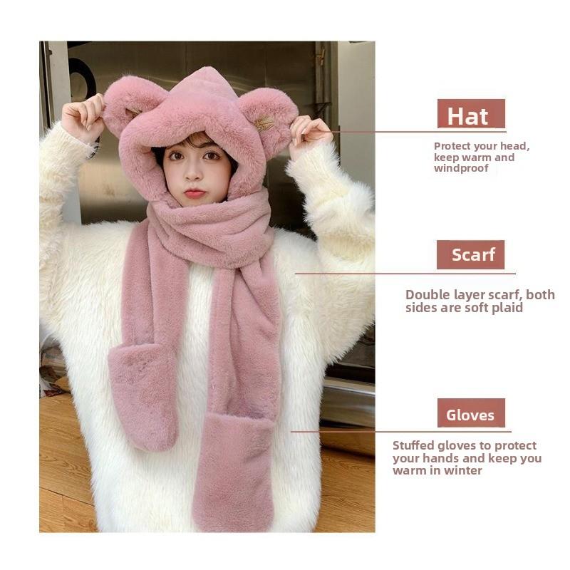 Meier bear hat, plush and thickened plush hat, women's winter hat, scarf, integrated hat.