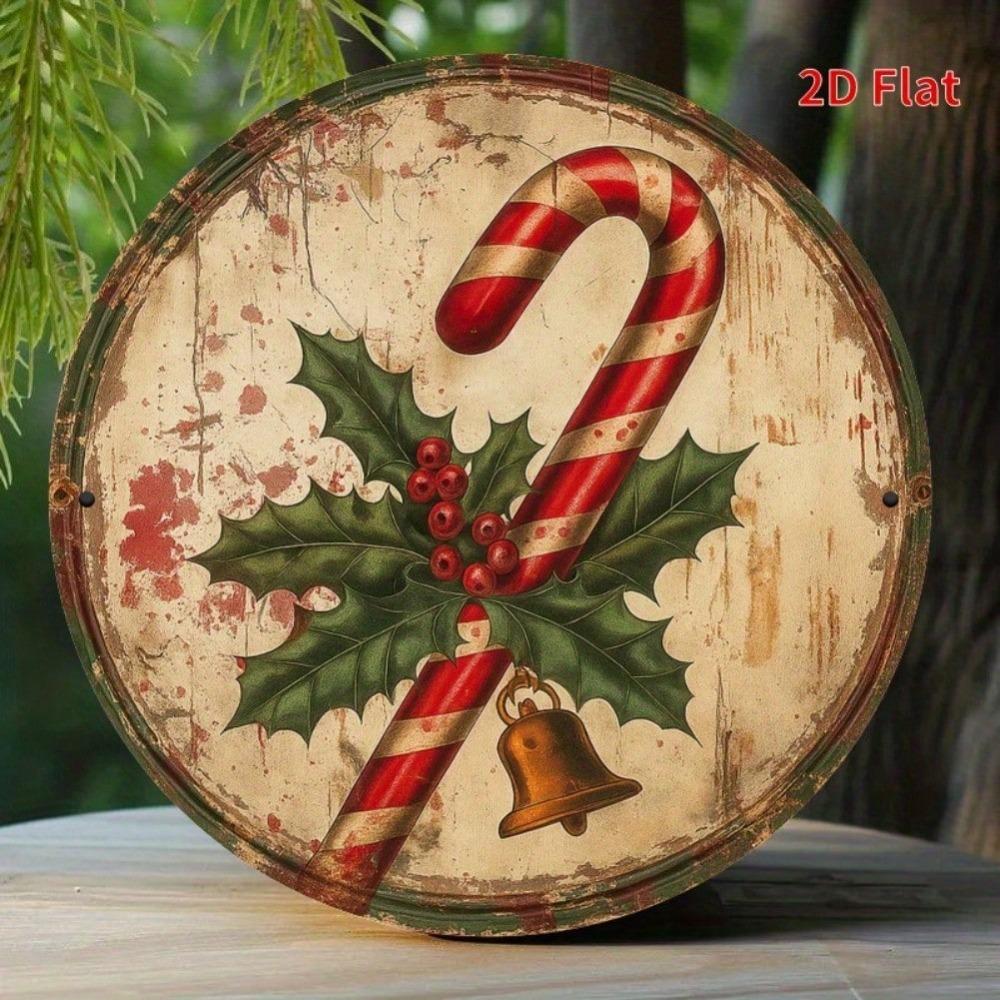Vintage Candy Cane Metal Wall Art Rustic Holiday Decor with Holly Berries Golden Bells Home Garden Decor