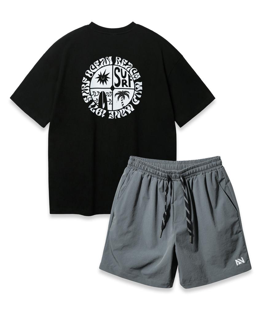 ALVINCLO [Set] 1971 Surf Oversized Short Sleeve Tee And String Detail Woven Shorts Set
