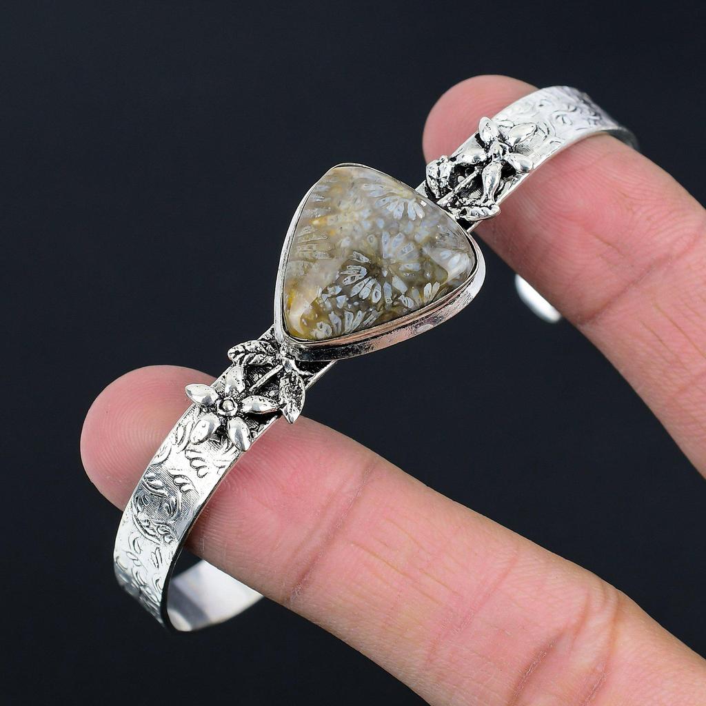 Chakra Raiz Fóssil Coral Gema Prata Esterlina 925 Flor Filha Nova Pulseira