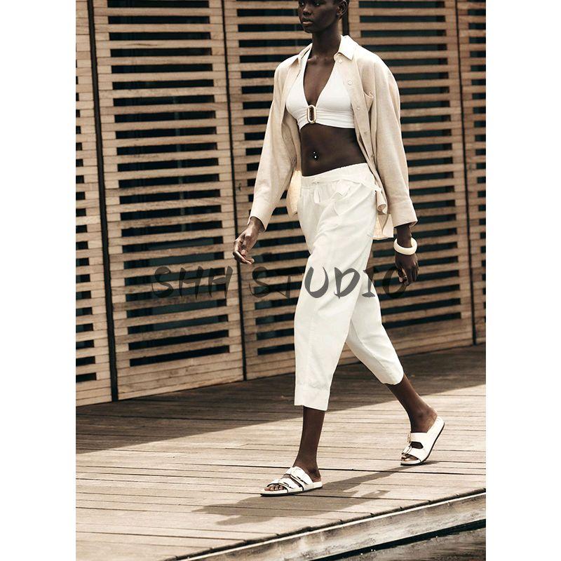 Spring and Summer New Women's Clothing Straight-leg Pocket Decoration Elastic Waist Cotton Plaid High Waist Pants 8372049