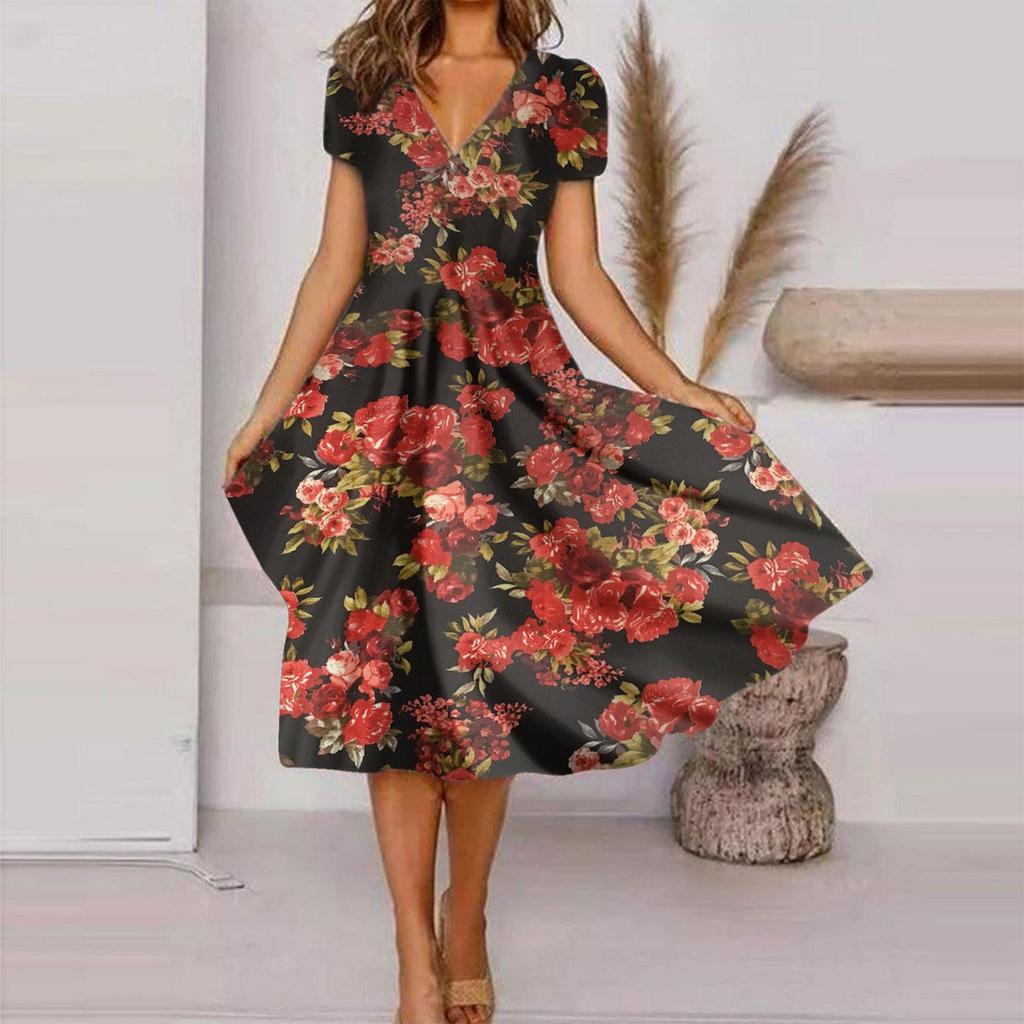 Women's Fashion And All-match Summer Temperament V-neck Printed Short-sleeved Dress