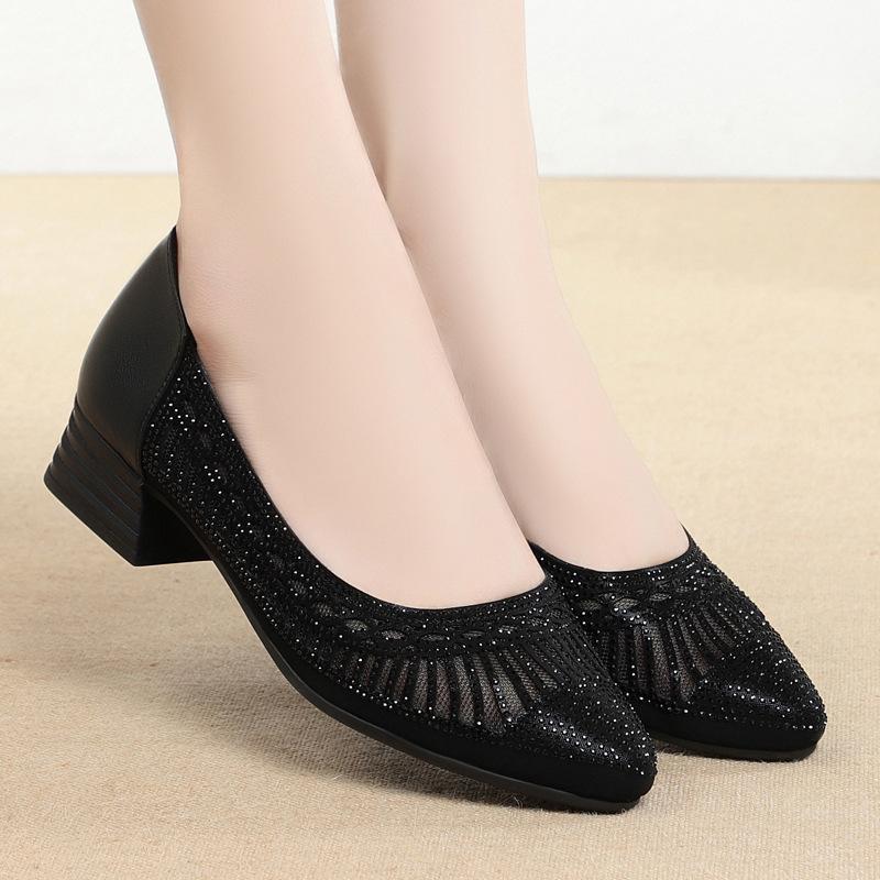 Women Cute Square Heel Shoes For Party Night Club Lady Black Mesh Breathable Spring Summer Office Pumps Temperament Casual