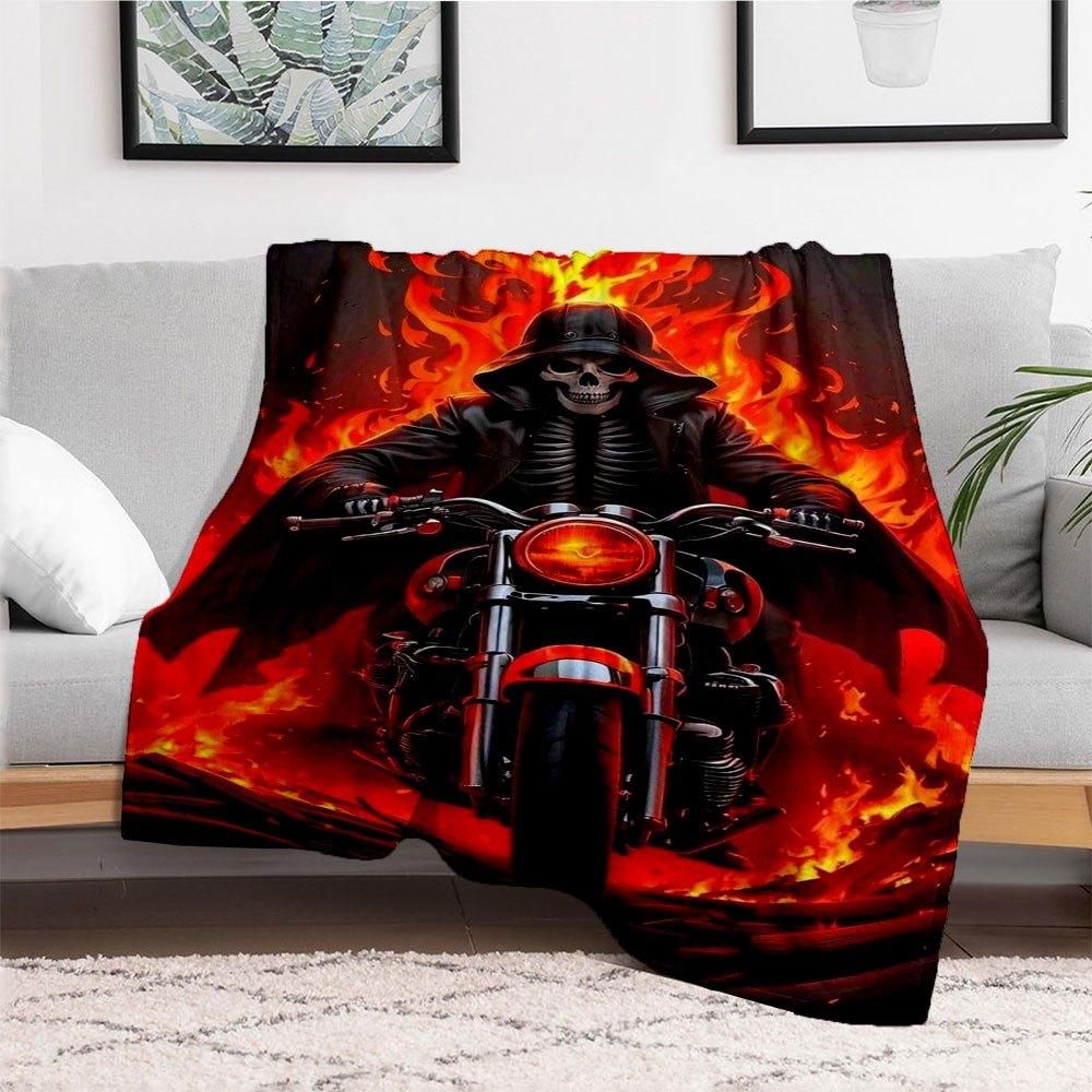 "Skull Biker with Fiery Background Wall Art Print"Blanket Flannel Throw Blanket for Sofa, Bed, Travel, Camping, Office, Couch, Chair, And Be