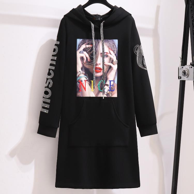 

Плюс Размер Женщин Осень и Зима Новое Свободное Средней Длины С Капюшоном и Флисовым Худи Платье 4XL чёрный