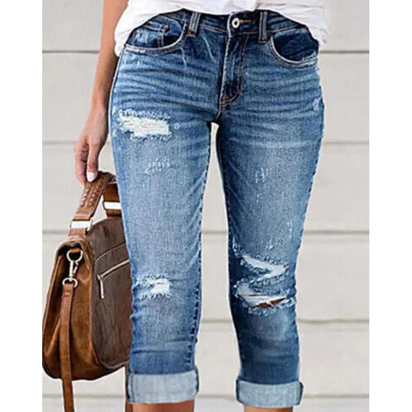 Female Clothing Casual Bottom Jeans Capris Pants for Women Fashion Elegant Ripped Low Waist Capris Denim Skinny Pants