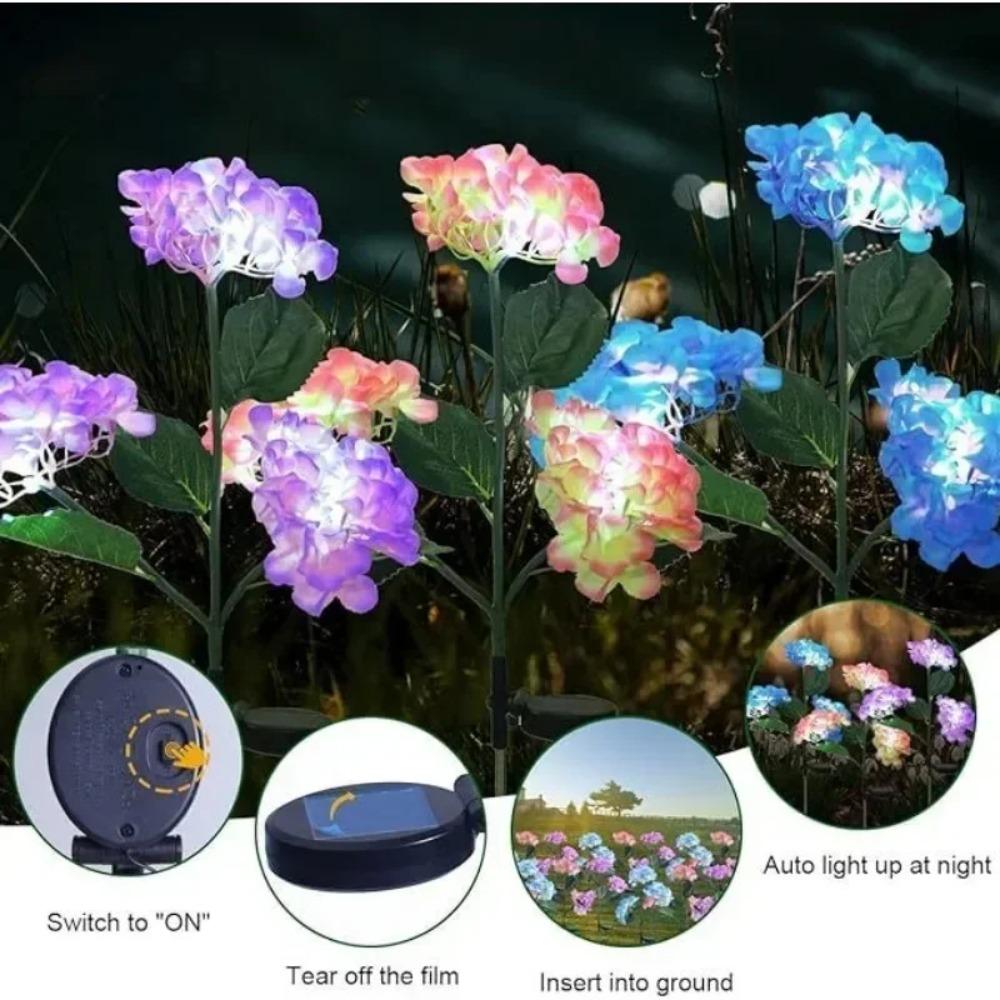 Solar 3 Heads Hydrangea Ground Lamps Outdoor Simulation LED Flower Stake Lights Waterproof Garden Party Decor