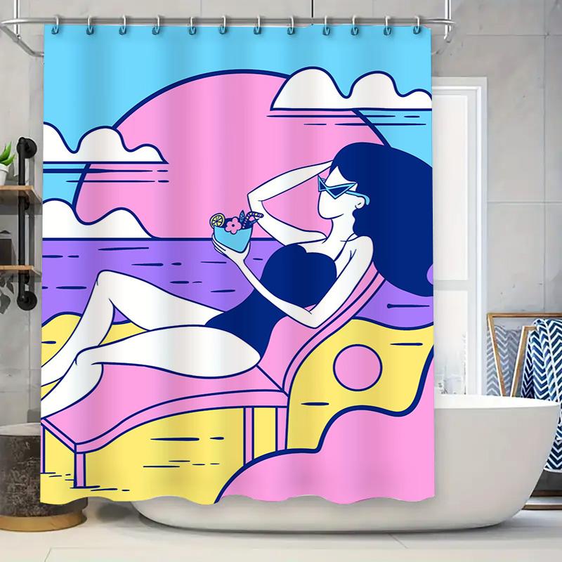 

Blue Watermark Shower Curtain with Girl Summer Pattern for Bathroom Decor 72x78in (183X200cm) Modern Print Waterproof Customizab 90x180cm
