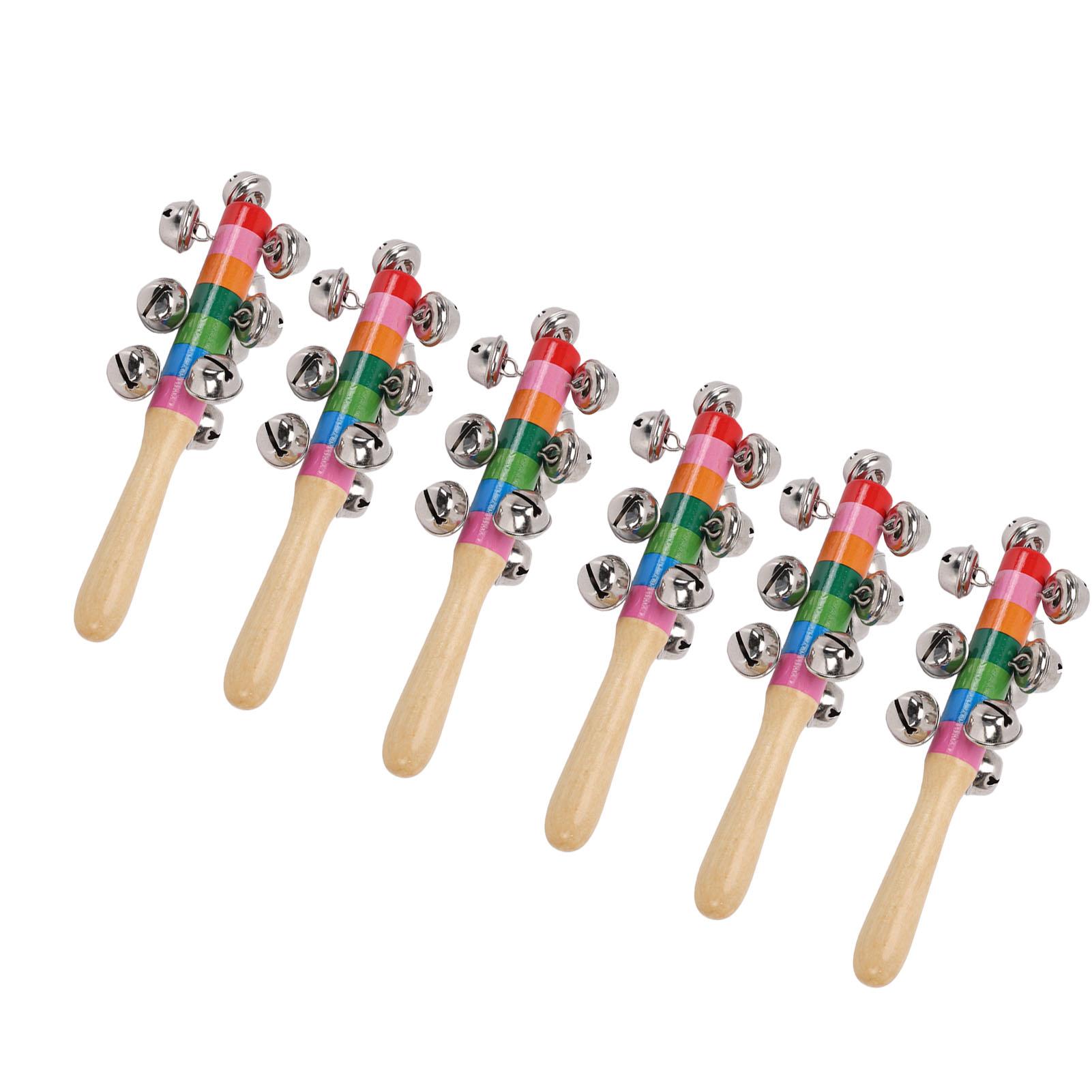 

6Pcs Shaking Bell Sticks Wooden Handle Xmas Jingle Bells Musical Percussion Instrument for Holiday Birthday Party